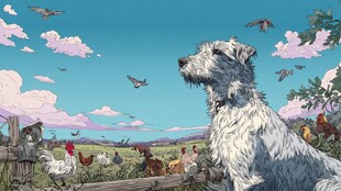 田园白狗与群鸟的悠然图景