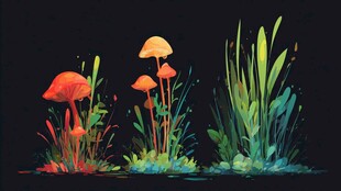 梦幻多彩蘑菇与绿植景观