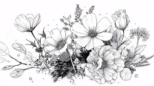 黑白花卉手绘插画作品
