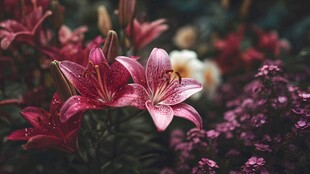 娇艳百合花绽放于花丛中