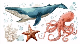 海洋生物水彩插画集合