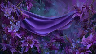 紫色梦幻花境中的飘逸绸带