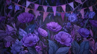 梦幻紫色花卉与彩旗场景