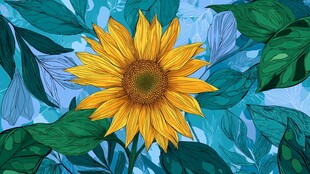 向日葵绽于蓝绿叶片间