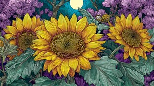 月夜下的向日葵花丛