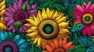 多彩向日葵与灵动小鸟世界