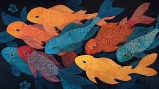 多彩金鱼群游艺术画作