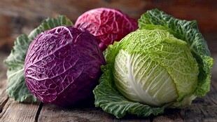 多彩卷心菜摆于木桌之上