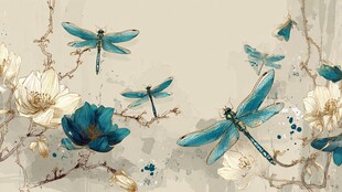 蓝蜻蜓伴花的中式雅致图景