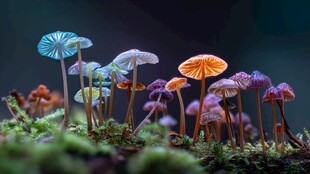 多彩蘑菇丛生于翠绿苔藓