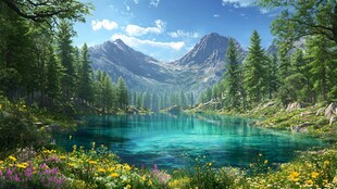 山间幽湖 繁花绿树相伴