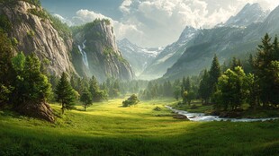 山间绿野溪流壮美自然景