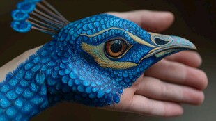 手绘惊艳蓝色孔雀头部