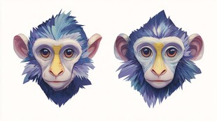 双猴头像 梦幻蓝紫毛发风格