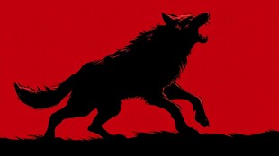 红背景下嚎叫的黑色狼影