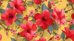 黄色背景上的艳丽红扶桑花