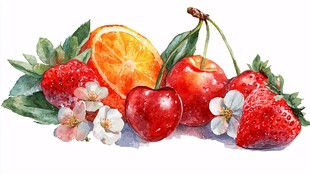 水彩绘多彩水果与花卉