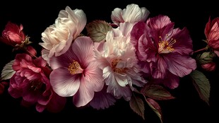 多彩花卉绽放于黑色背景