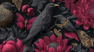 繁花间的鸟儿与蝴蝶图景