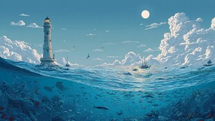 海上灯塔月夜梦幻景观