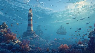 深海中的灯塔与沉船景观