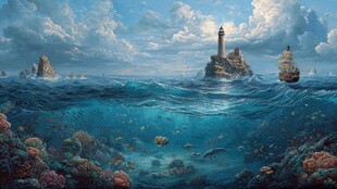 梦幻海洋中的灯塔与船只