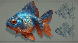 蓝色金鱼插画及草图展示