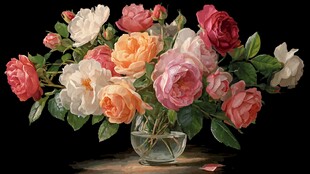 多彩玫瑰插于透明花瓶中