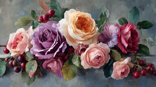 多彩玫瑰花卉静物画
