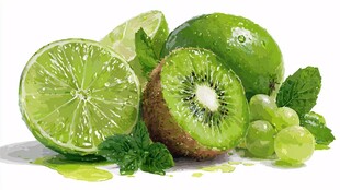 青柠猕猴桃与绿葡萄静物图