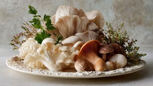 多样蘑菇摆盘配清新香草