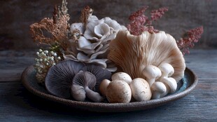 盘中多彩蘑菇与花卉组合