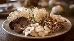 多样鲜蘑菇摆放在盘中