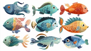多彩卡通风格海洋鱼类集合
