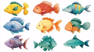 可爱多彩的卡通鱼类集合