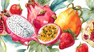 水彩绘多彩热带水果组合