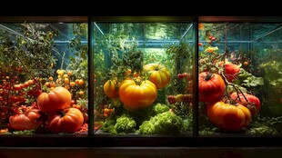 三个玻璃箱中的丰硕蔬果