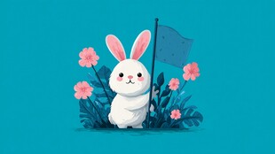 可爱白兔持旗于花丛中