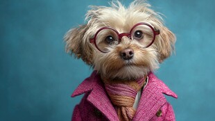 时髦小狗戴眼镜穿粉外套