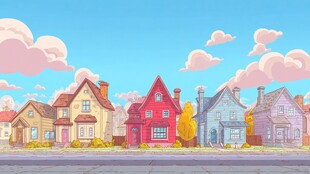 彩色梦幻小镇街景插画