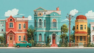 多彩复古街景中的特色房屋