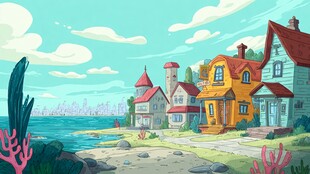 海滨彩色小屋卡通风景图