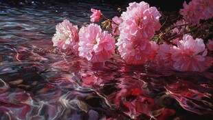 水中绽放的娇艳粉色花朵