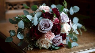 浪漫多彩手捧花摆于木桌