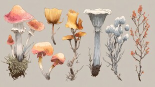 水彩绘野生蘑菇与植物