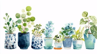 一排清新手绘风绿植盆栽