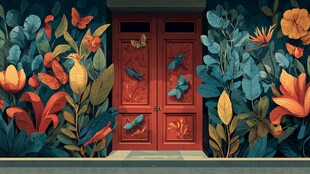 繁花簇拥的复古红门