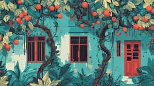 蓝屋前繁茂的橘树与绿植