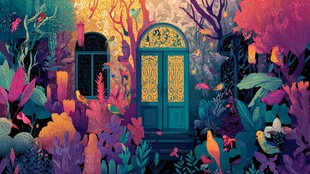 梦幻花园中的神秘蓝色门