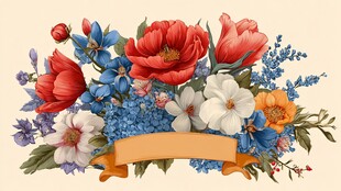 缤纷花卉组合与装饰横幅